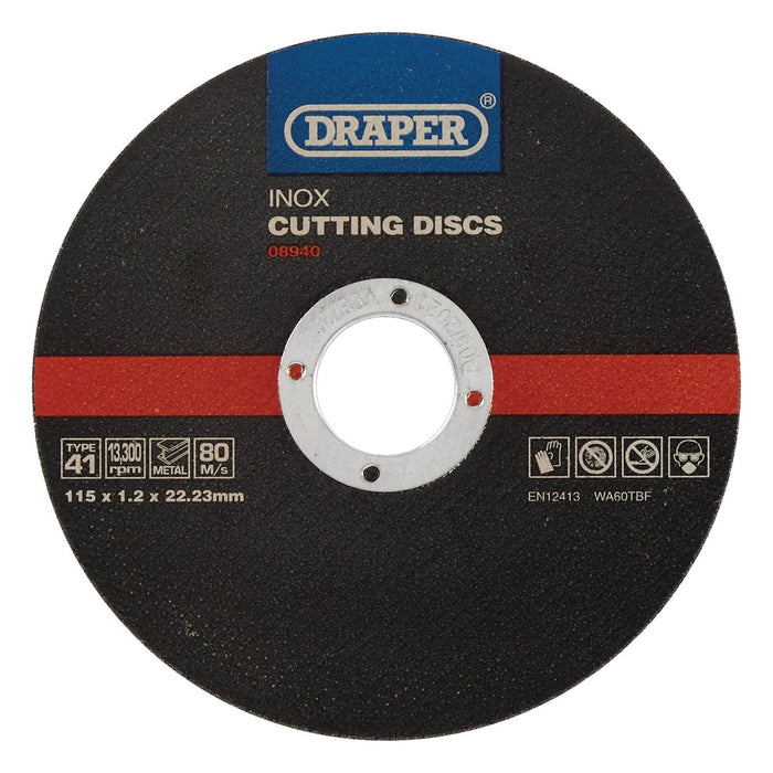 Draper Inox Flat Metal Cutting Discs, 115 x 22.2 x 1.2mm (Pack of 10) 08940 Draper - Town Tools 