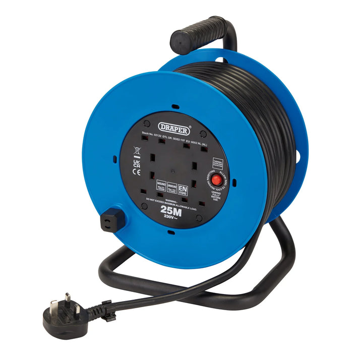Draper 230V Heavy Duty Industrial Four Socket Cable Reel, 25m - DCR25HDA