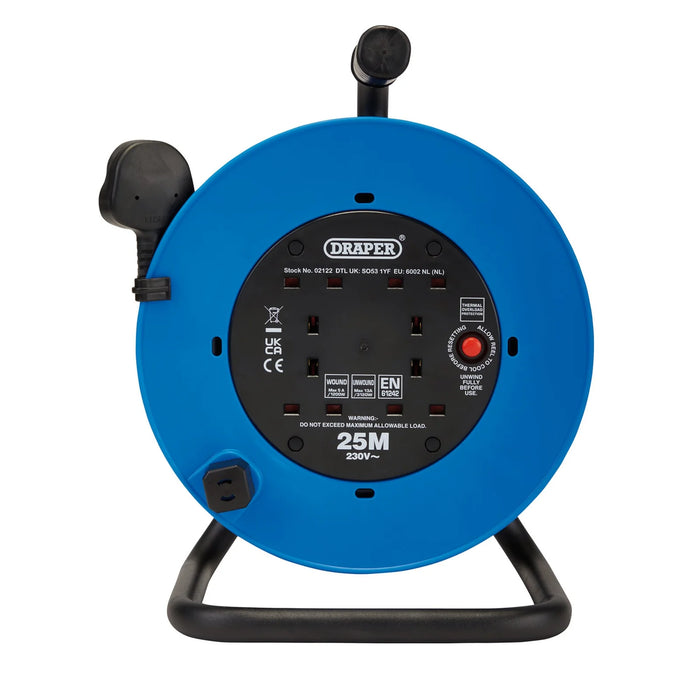 Draper 230V Heavy Duty Industrial Four Socket Cable Reel, 25m - DCR25HDA