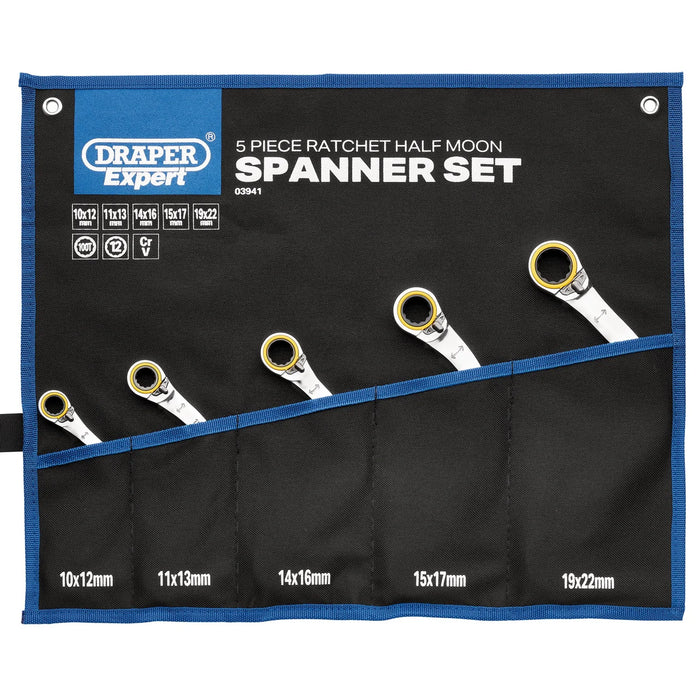 Draper Expert HI-TORQ® Double Ring Reversible Ratchet Half Moon Spanner Set (5