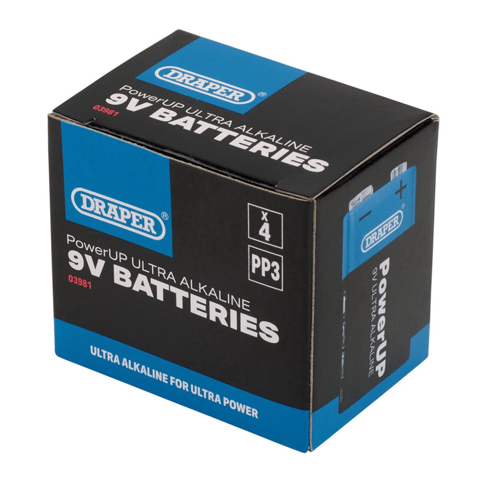 Draper PowerUP Ultra Alkaline 9V Batteries (Pack of 4) - BATT/PP3/9V/4