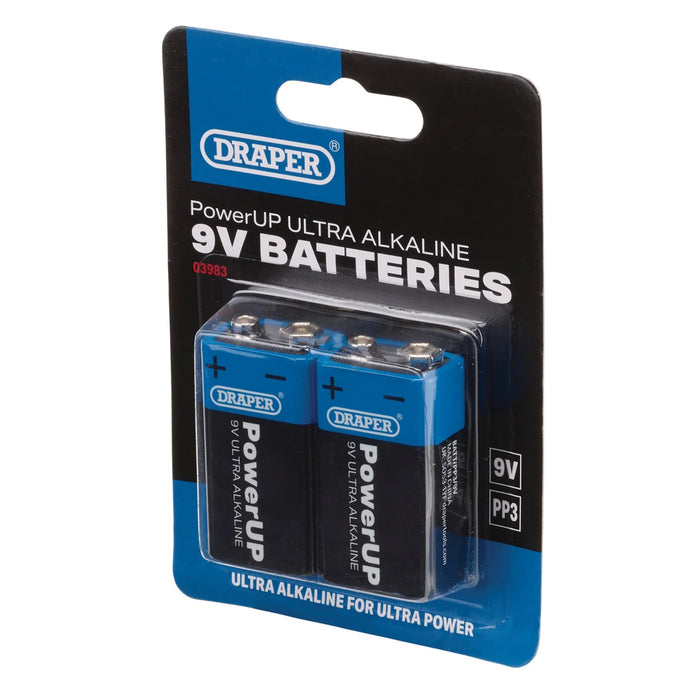 Draper PowerUP Ultra Alkaline 9V Batteries (Pack of 2) - BATT/PP3/9V/2