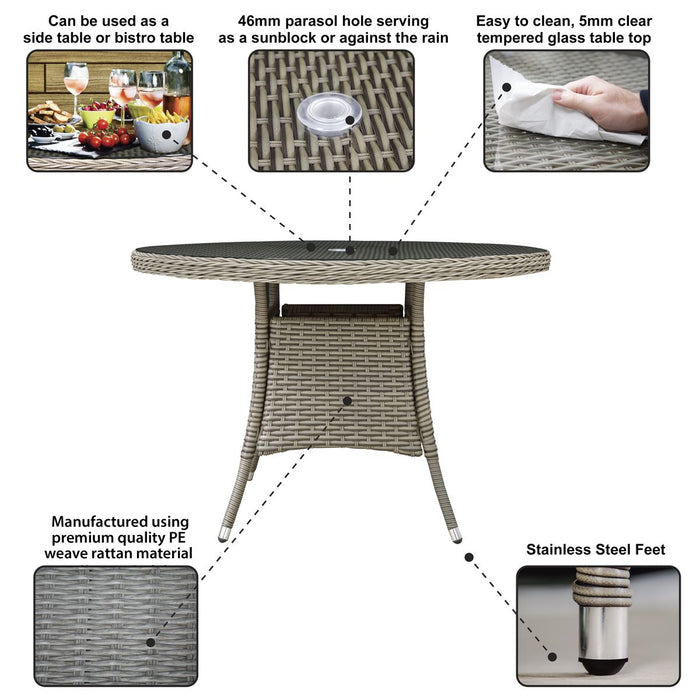 Dellonda Chester Rattan Wicker Round Outdoor Dining Table Tempered Glass Top