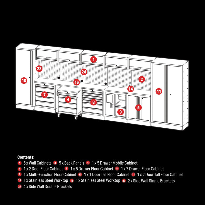 BUNKER 25 Piece Modular Storage Combo with Stainless Steel Worktop, 4915mm