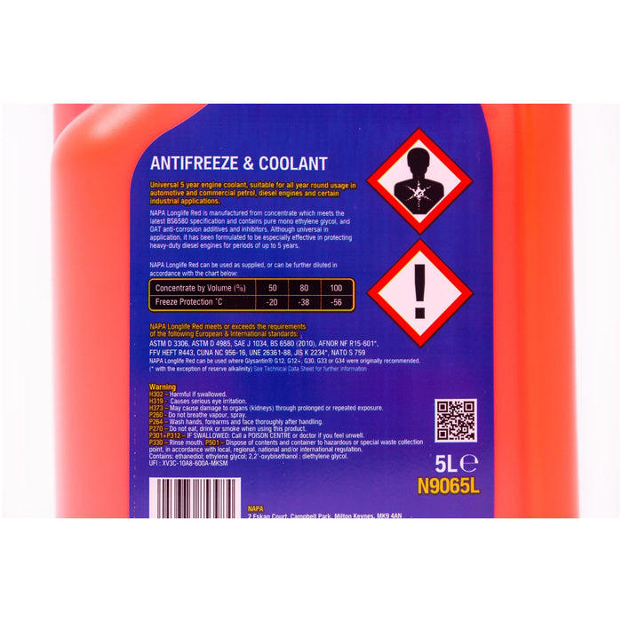 2x NAPA Red Antifreeze & Coolant Concentrate 5L Long Life Hi Spec 5 Litre NAPA - Town Tools 