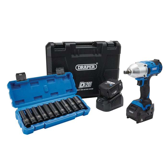 D20 20V Brushless Mid-Torque Impact Wrench Kit, 1/2" Sq. Dr, 400Nm, & Metric