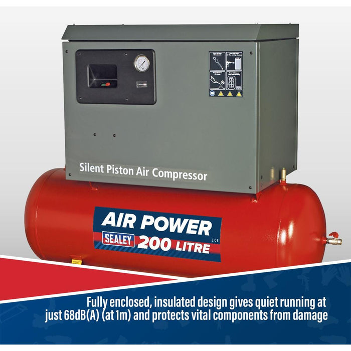 Sealey 200L Low Noise Belt Drive Air Compressor with Cast Cylinders 3hp Sealey - Town Tools 