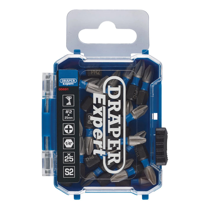 Draper Expert Cross Slot/PH Type Impact Screwdriver Bits, No.2 x 25mm, 1/4" Hex