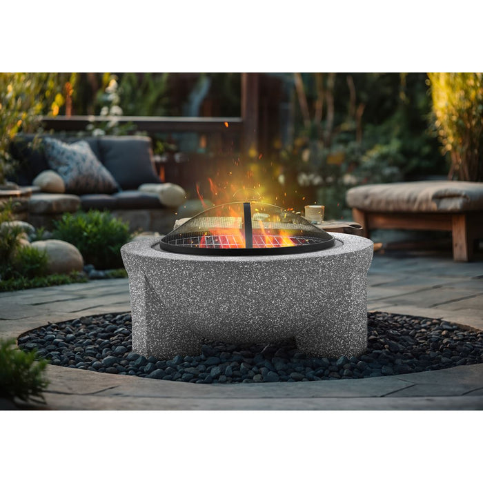 Dellonda Round MgO Fire Pit with BBQ Grill Ø75cm Safety Mesh Screen - Light Grey