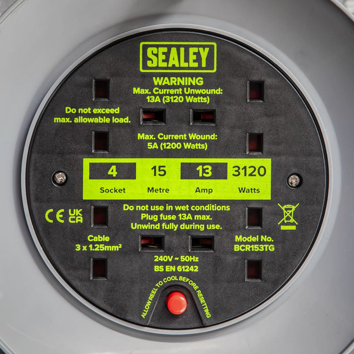 Sealey 15m Cable Reel with Thermal Trip 4 x 230V - Hi-Vis Green BCR153TG Sealey - Town Tools 