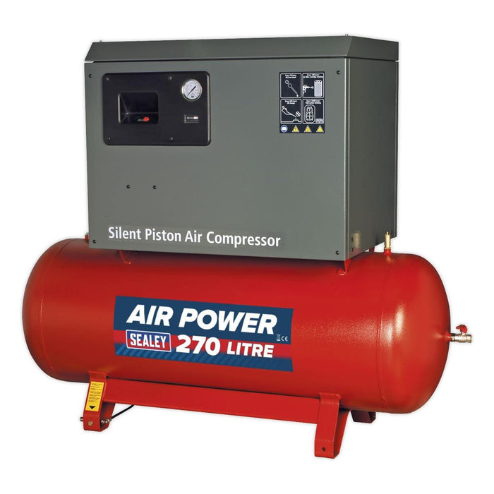 270L Low Noise Belt Drive Air Compressor with Cast Cylinders 5.5hp 3ph 2-Stage Sealey - Town Tools 