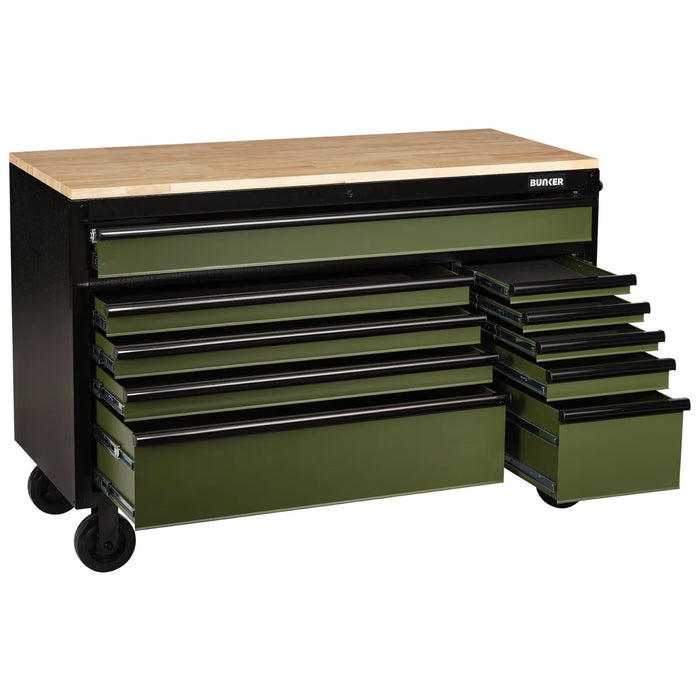 BUNKER® 10 Drawer Workbench Roller Tool Cabinet, 56", Green - B100-56GR