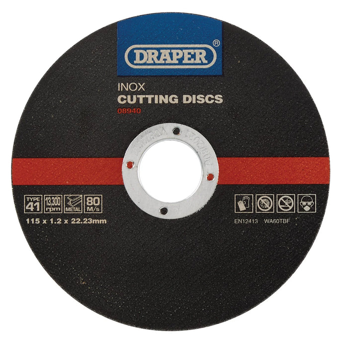 Draper Inox Flat Metal Cutting Discs, 115 x 22.2 x 1.2mm (Pack of 10) - CGF17