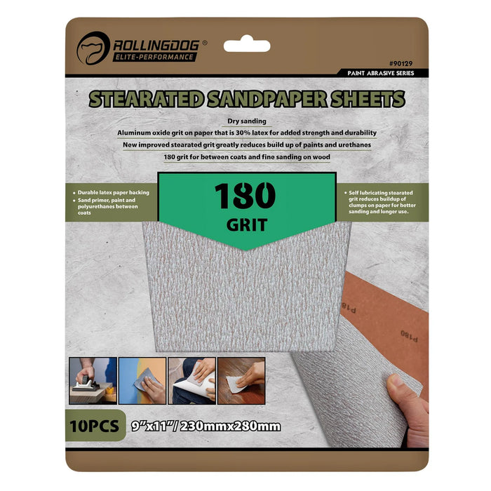 ROLLINGDOG Stearated Sanding Sheets, 230 x 280mm, 180 Grit (Pack of 10) - 90129