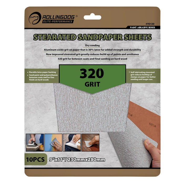 ROLLINGDOG Stearated Sanding Sheets, 230 x 280mm, 320 Grit (Pack of 10) - 90130