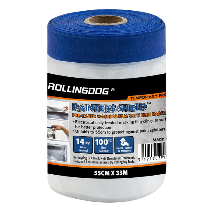 ROLLINGDOG PAINTERS-SHIELD™ Blue Pretaped Masking Film, 33m x 55cm - 80347
