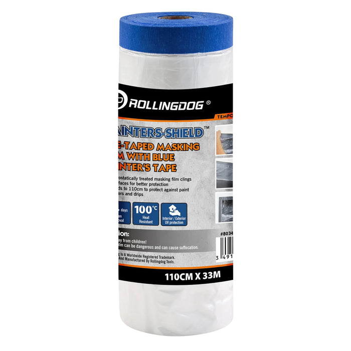 ROLLINGDOG PAINTERS-SHIELD™ Blue Pretaped Masking Film, 33m x 110cm - 80349