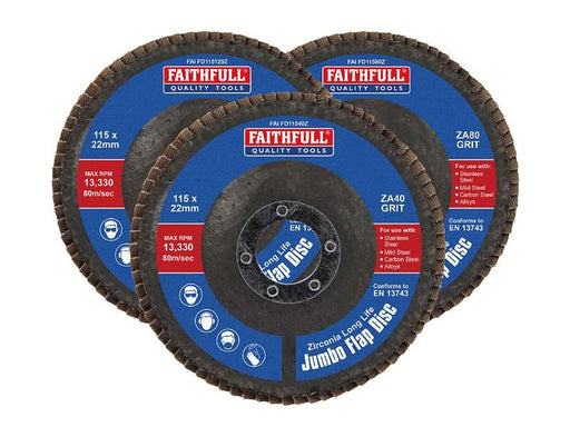 Faithfull Zirconia Abrasive Jumbo Flap Disc 115 x 22mm Mixed Grit (3 Pack) Faithfull - Town Tools