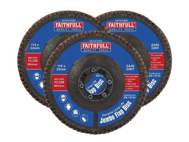 Faithfull Zirconia Abrasive Jumbo Flap Disc 115 x 22mm Mixed Grit (3 Pack) Faithfull - Town Tools
