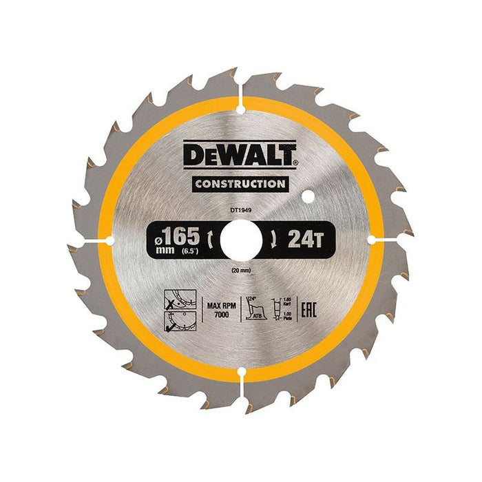 Dewalt Power Tools Cordless Construction Trim Saw Blade 165 x 20mm x 24T DeWALT Power Tools - Town Tools