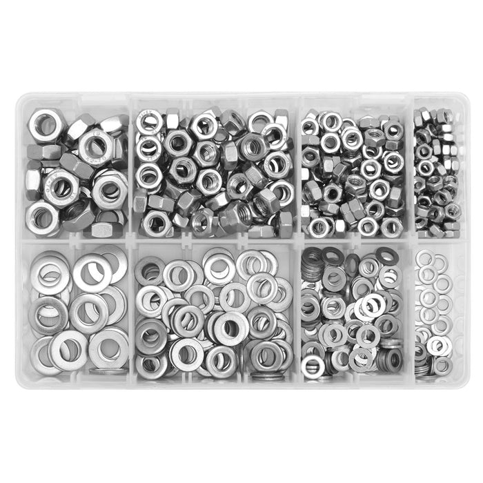 Sealey Stainless Steel Nut and Washer Assortment M5-M10 500pc AB077NW Sealey - Town Tools 