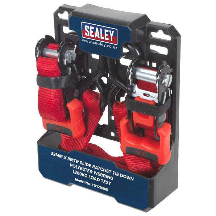 Sealey Slide Ratchet Tie Down 32mm x 3m Polyester Webbing with S-Hooks 1200kg Br Sealey - Town Tools 