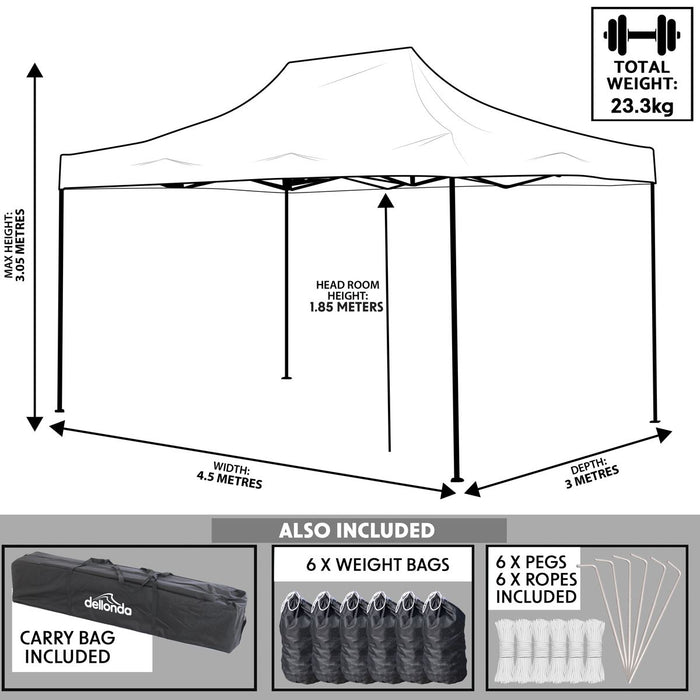 Dellonda 3 x 4.5m Pop-Up Gazebo Heavy Duty  Carry Bag Rope Stakes & Weight Blue