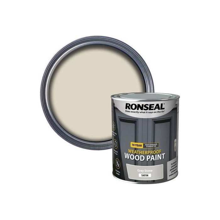 Ronseal 10 Year Weatherproof Wood Paint Grey Stone Satin 750ml Ronseal - Town Tools