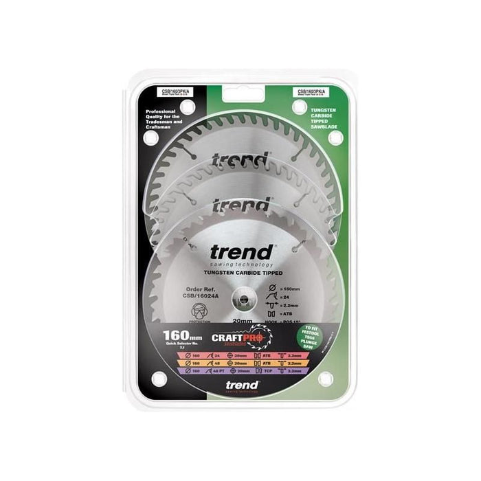 Trend CraftPro Plunge Saw Blade 160 x 20mm x 24T/48T (Pack 3) Trend - Town Tools