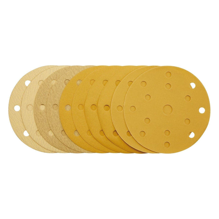 Gold Sanding Discs with Hook & Loop, 150mm, Assorted Grit - 120G, 180G, 240G, 320G, 400G, 15 Dust Extraction Holes (Pack of 10) Draper - Town Tools