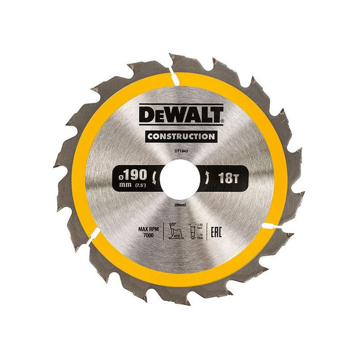 Dewalt Power Tools Portable Construction Circular Saw Blade 190 x 30mm x 18T DeWALT Power Tools - Town Tools