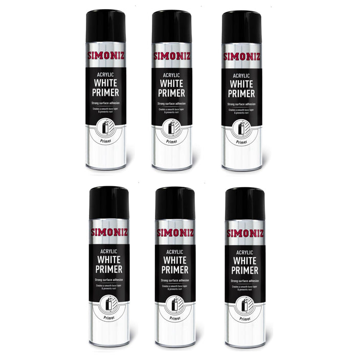 6x Simoniz Large Acrylic White Aerosol Smooth Primer Car Spray Paint 500ml Simoniz - Town Tools 