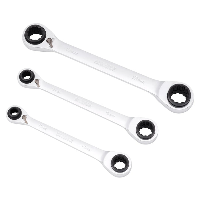 Draper Metric 4-in-1 Reversible Double Ring End Ratchet Spanner Set (3 Piece)