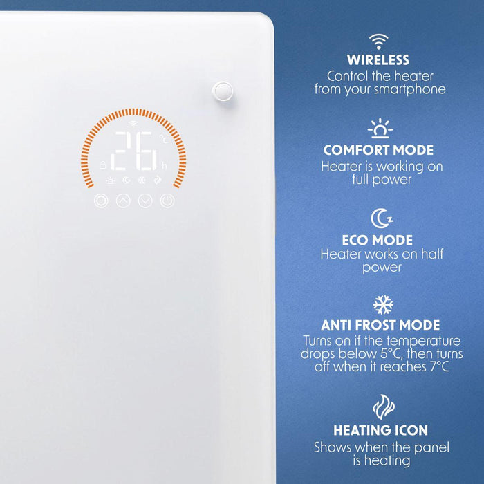 Baridi 2000W Electric Glass Panel Heater with 24/7 Timer, Remote Control & Wi-Fi - White Baridi - Town Tools