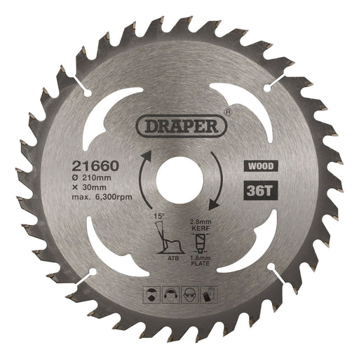 Draper TCT Circular Saw Blade for Wood, 210 x 30mm, 36T 21660 Draper - Town Tools 