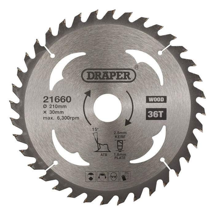 Draper TCT Circular Saw Blade for Wood, 210 x 30mm, 36T 21660 Draper - Town Tools 