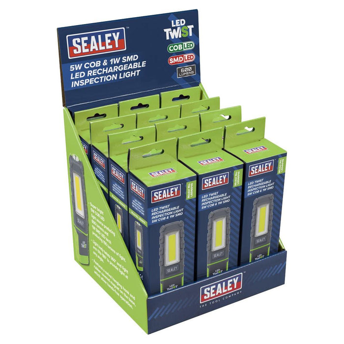 Sealey LED Twist Rechargeable Inspection Light, Green - Box of 12 LED601GDB Sealey - Town Tools 