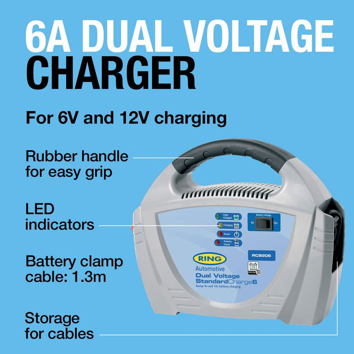 Ring Automotive - RCB206 6A Battery Charger, 6V and 12V Lead Acid Batteries, Veh Ring Automotive - Town Tools 