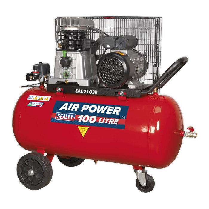 Sealey Air Compressor 100L Belt Drive 3hp with Cast Cylinders & Wheels SAC2103B Sealey - Town Tools 