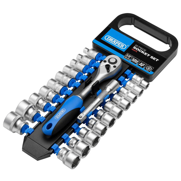 Draper Combined MM/AF Socket and Ratchet Set, 3/8" Sq. Dr. (22 Piece)