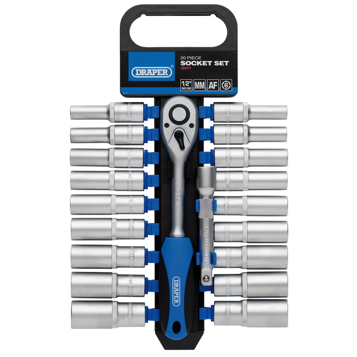 Draper Combined MM/AF Deep Socket and Ratchet Set, 1/2" Sq. Dr. (20 Piece)