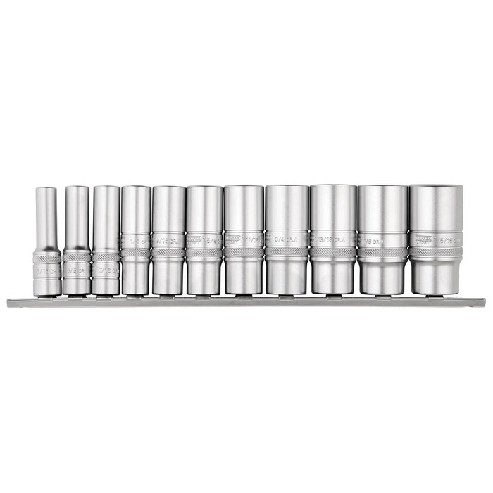 Draper Expert Imperial Deep Socket Set on a Metal Rail, 3/8" Sq. Dr. (11 Piece)