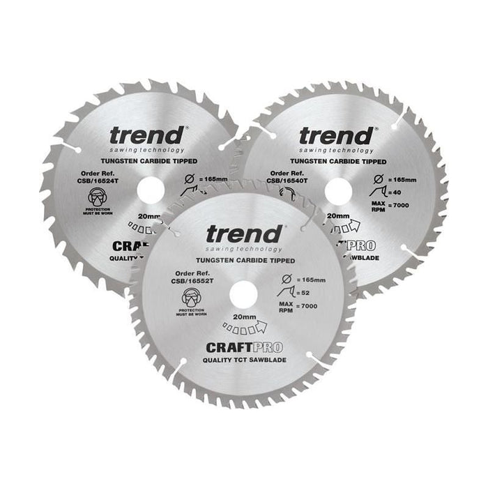 Trend CraftPro Cordless Saw Blade 165 x 20mm x 24T/40T/52T (Pack 3) Trend - Town Tools