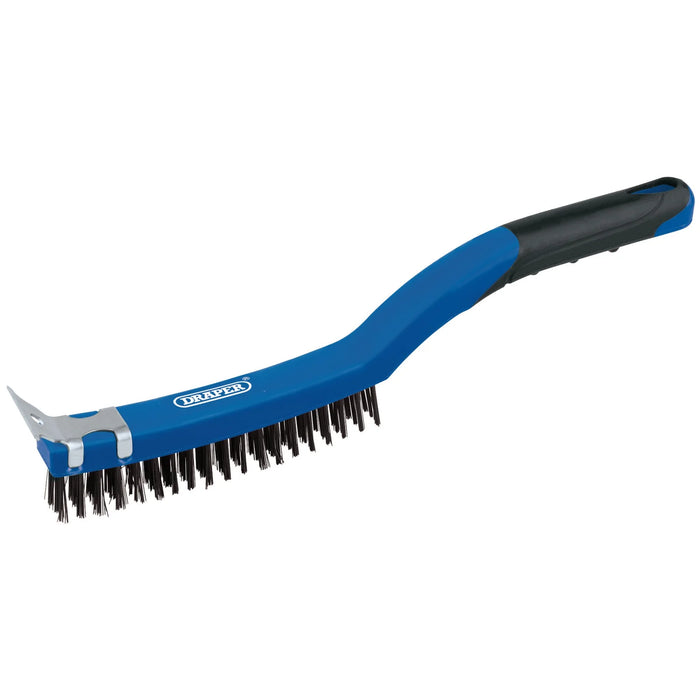 Draper 3 Row Carbon Steel Wire Scratch Brush with Scraper, 350mm - WBSC14