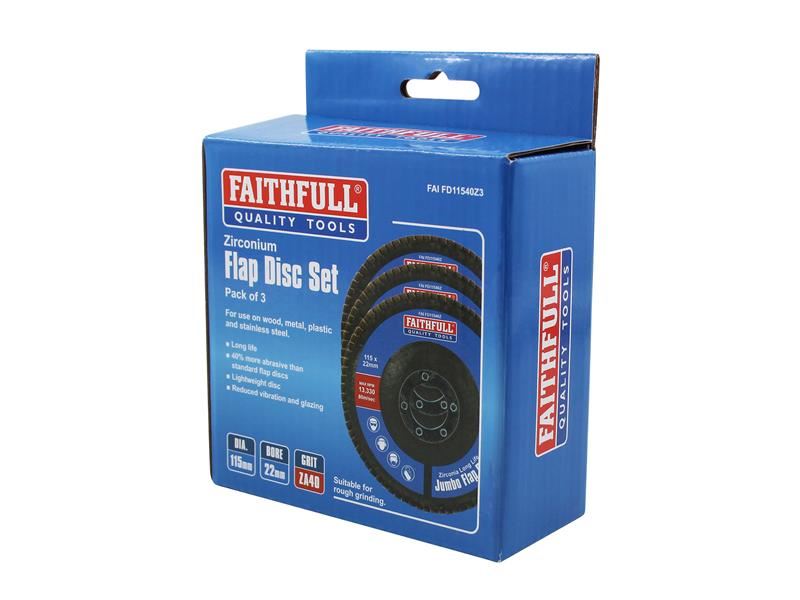 Faithfull Zirconia Abrasive Jumbo Flap Disc 115 x 22mm 40 Grit (3 Pack) Faithfull - Town Tools