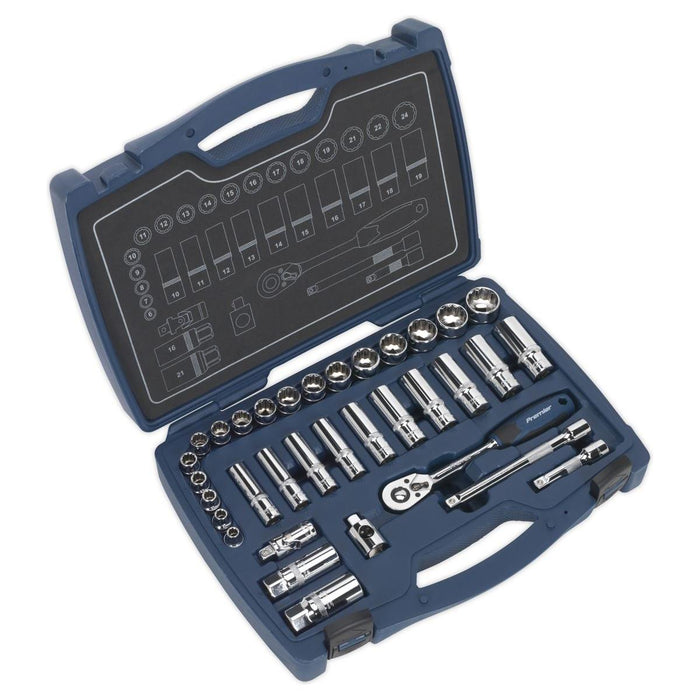 Sealey Socket Set 34pc 3/8"Sq Drive 12pt WallDrive Metric AK8994 Sealey - Town Tools 