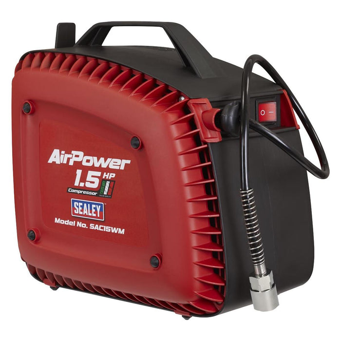 Sealey Wall Mounting Oil Free Air Compressor 1.5hp with 7m Retractable Hose Reel Sealey - Town Tools 