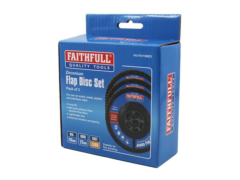 Faithfull Zirconia Abrasive Jumbo Flap Disc 115 x 22mm 80 Grit (3 Pack) Faithfull - Town Tools