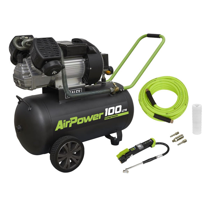 Sealey 100L Direct Drive V-Twin Air Compressor 3hp with Air Accessory Kit Sealey - Town Tools 