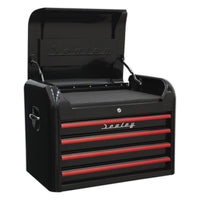 Sealey Topchest 4 Drawer Retro Style Black with Red Anodised Drawer Pulls